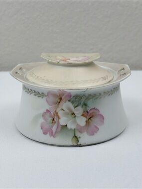 Antique RS Germany Porcelain Biscuit Barrel with Pink & White Floral Design